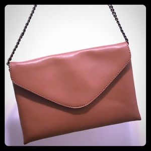 J CREW Camel Leather Clutch . Bronze Chain