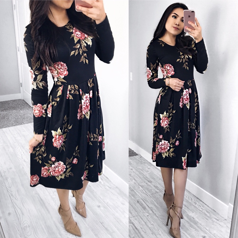 Winter Black Floral Dress
