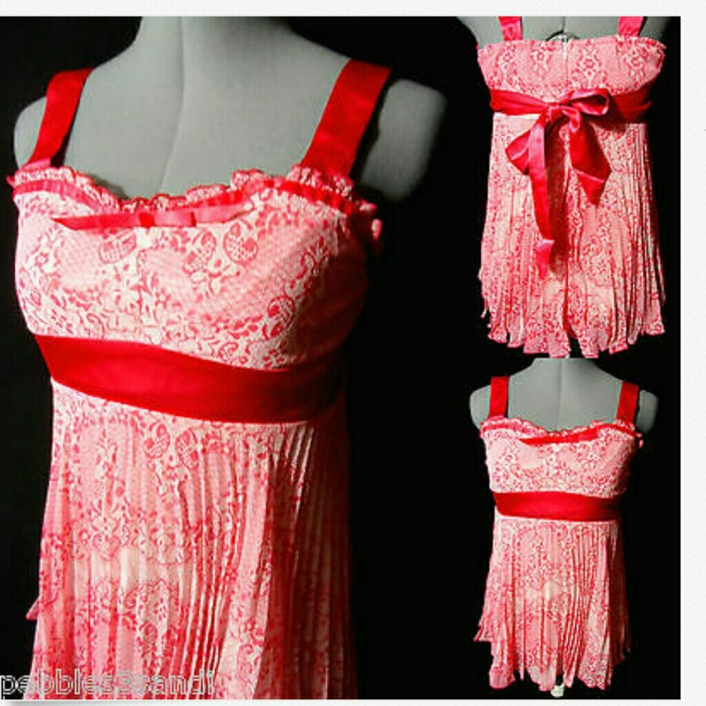 Nwt AI Floral Pleated Top SML Red White +Bow Blouse Tie Empire Sexy Summer Chic