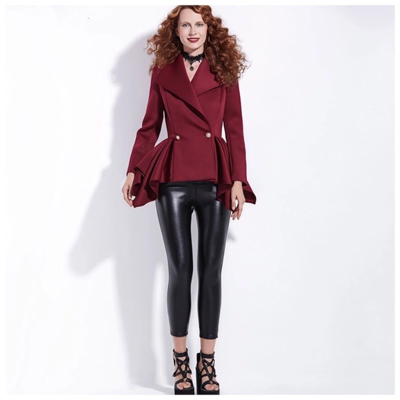Burgundy Wine Asymmetrical Peplum Jacket - Picture 2 of 4