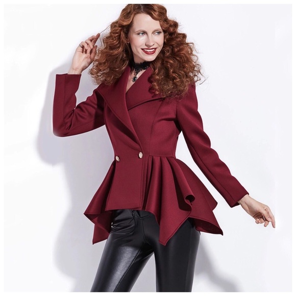 Burgundy Wine Asymmetrical Peplum Jacket - Picture 3 of 4