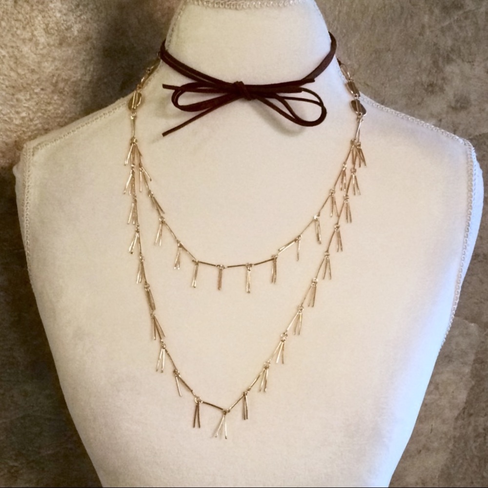 Brown Faux Suede Layered Strand Goldtone Necklace