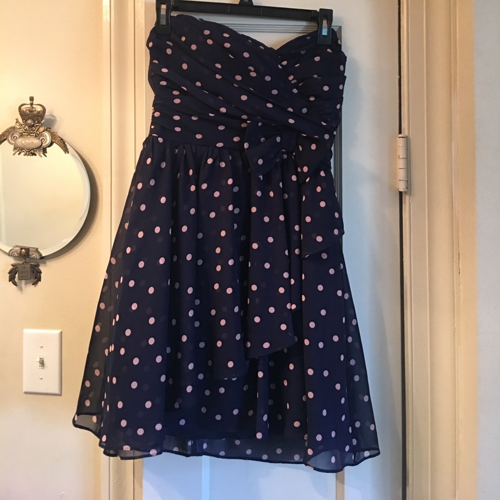 Navy and Light pink polka dot strapless dress.