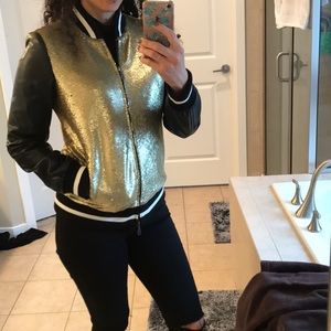 Sequin and faux leather sleeve bomber jacket