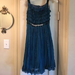 Crinkle, Ruffles w/ Velvet & bead Dress Teal Blue
