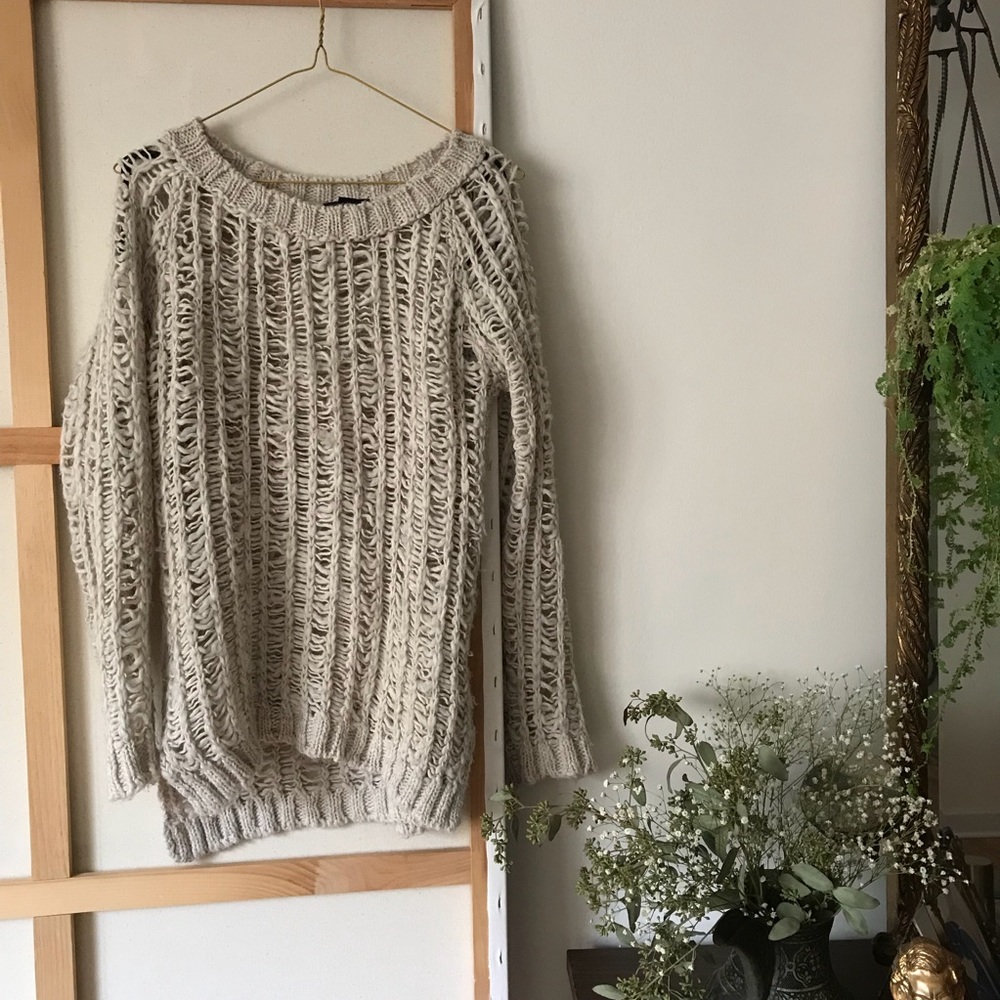 Fuzzy open knit creme sweater