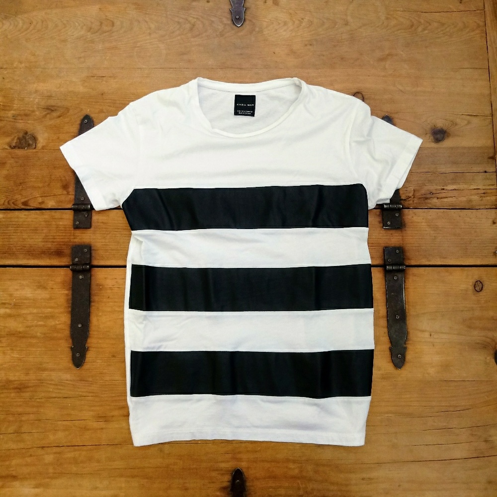 Zara Man Striped White Faux Leather Black Tee