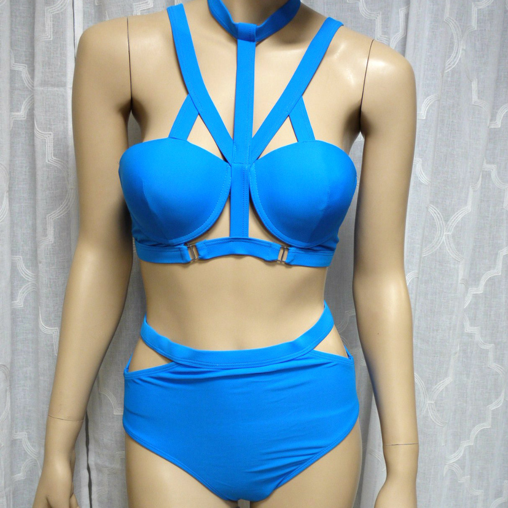 Blue Cage Bondage Bikini Swimsuit High Waisted
