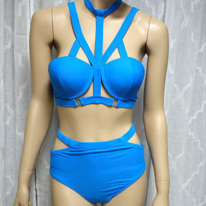 Blue Cage Bondage Bikini Swimsuit High Waisted
