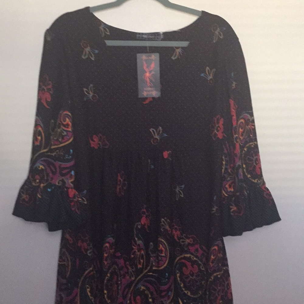 Bohemian bell sleeve black empire waist dress