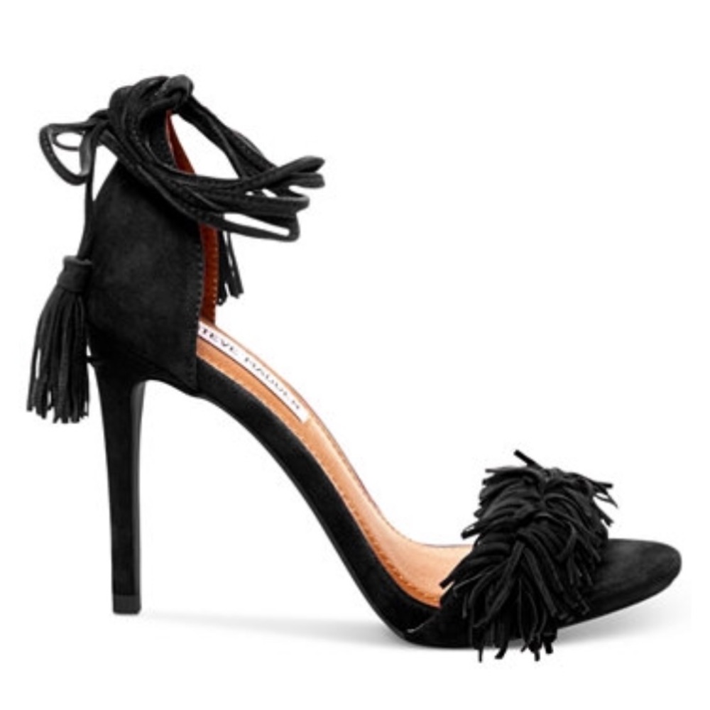 Steve Madden Sassey Fringe Sandal Black Sandals 👠