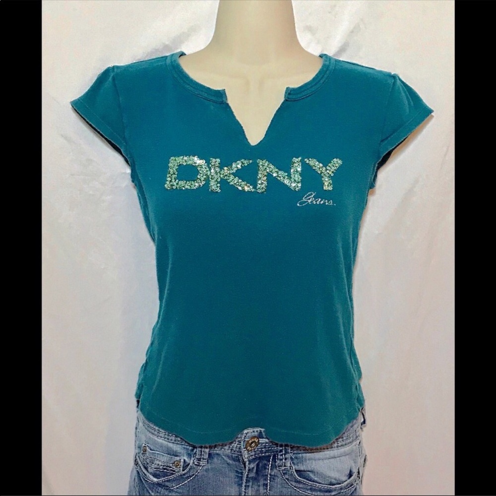 DKNY sexy dark teal top w/ sequin lettering small