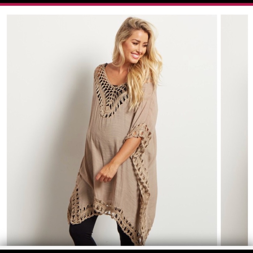 Mocha Crochet Accent Linen Maternity Tunic