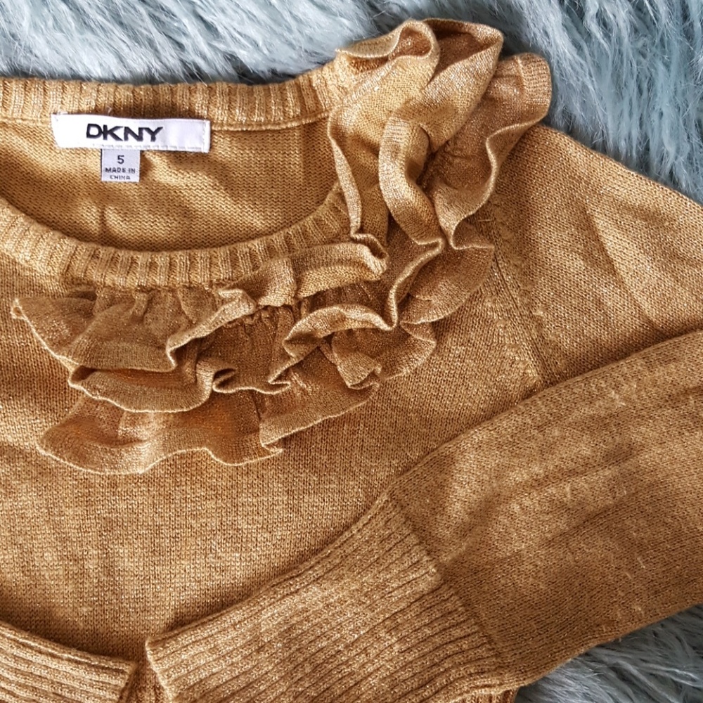 DKNY girls lurex gold asymmetrical ruffle dress