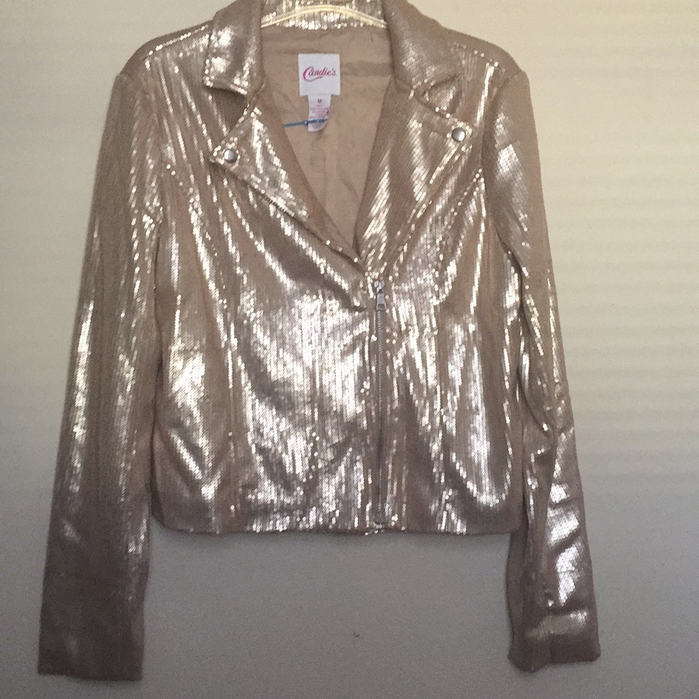 Candie’s gold sequin biker jacket
