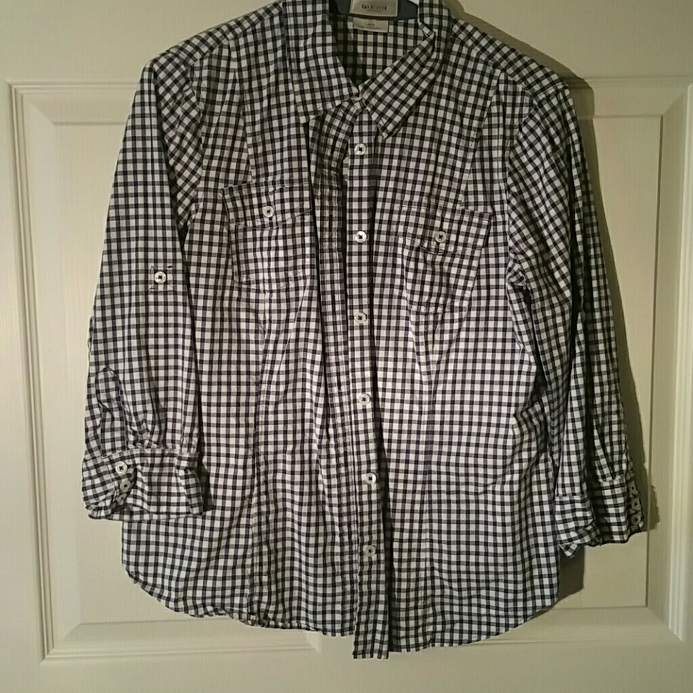 Large 3/4 sleeve blue & white checkered buttondown