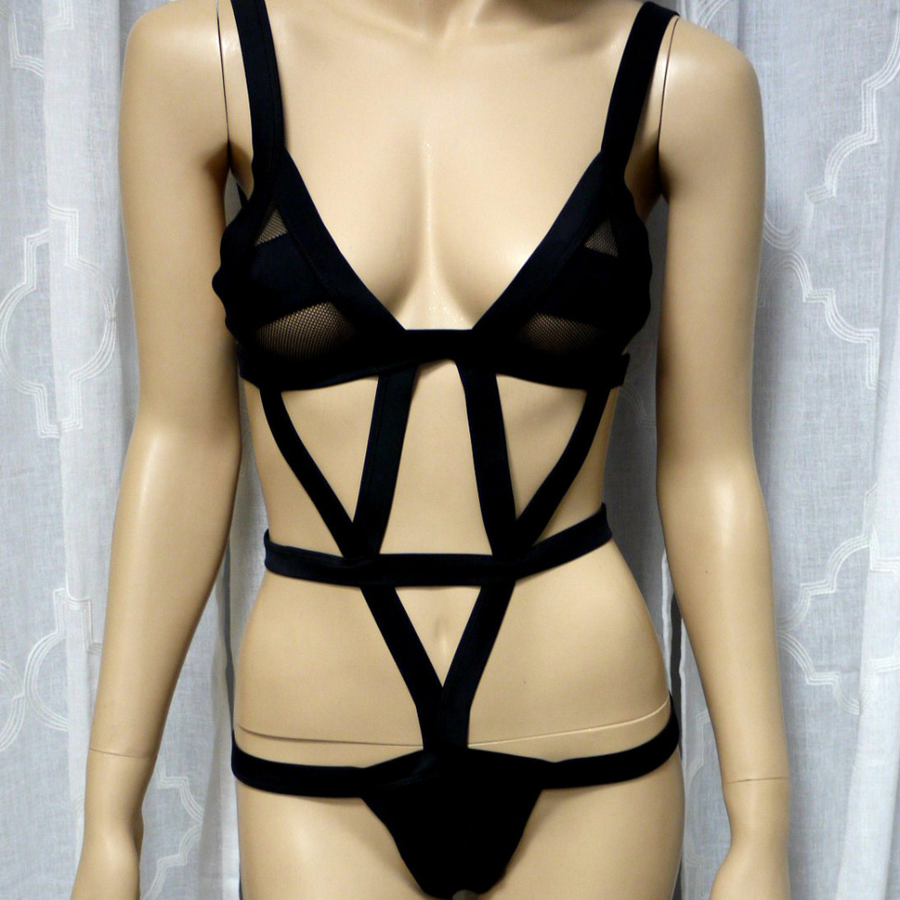 Black Mesh Bonadage Monokini Swimsuit Bikini