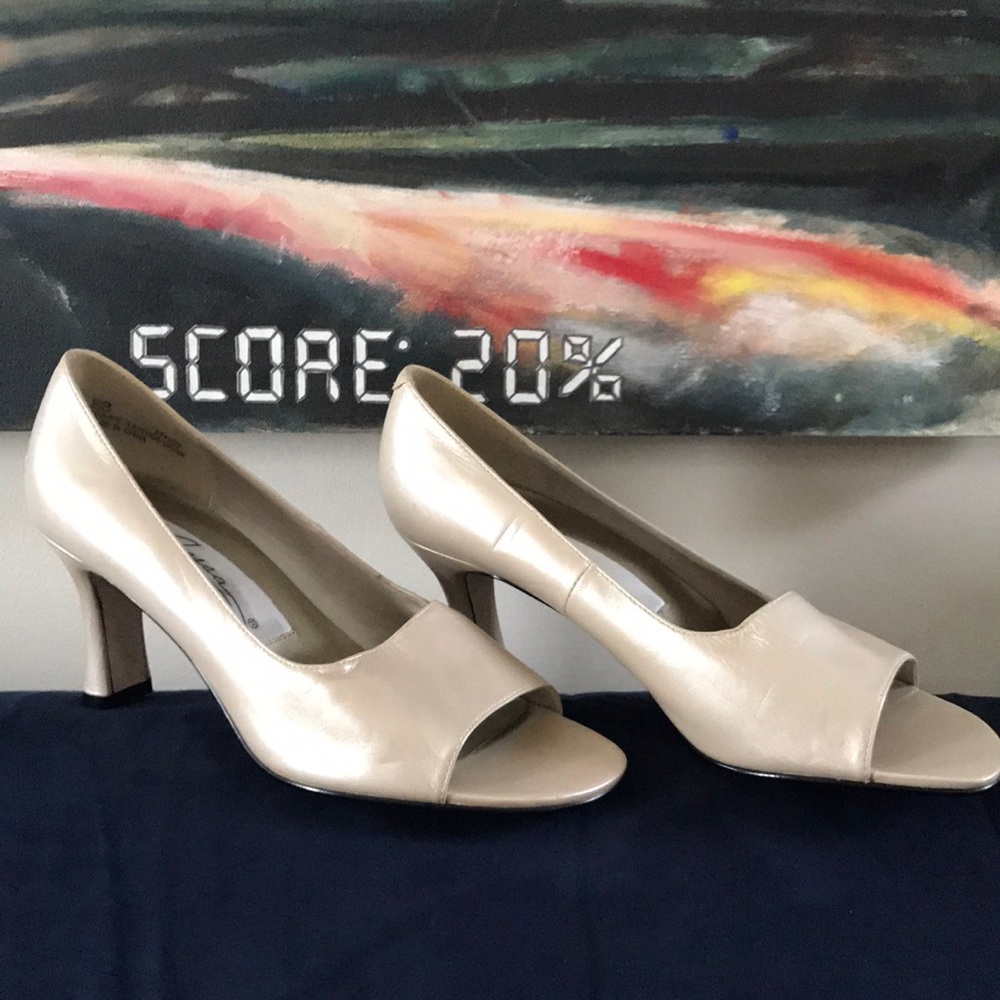 Champagne leather open toe heels