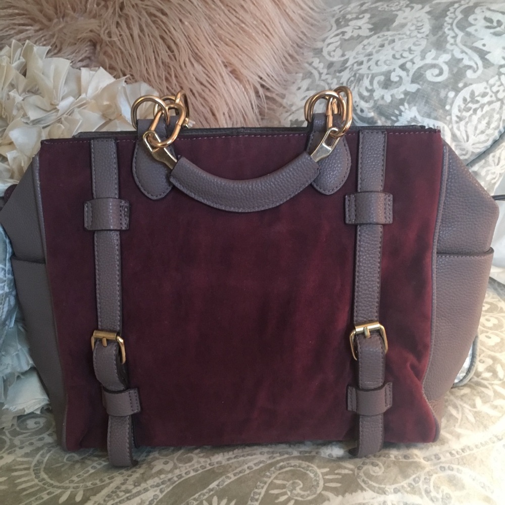 Plum Suede & Faux-Leather Tote Bag