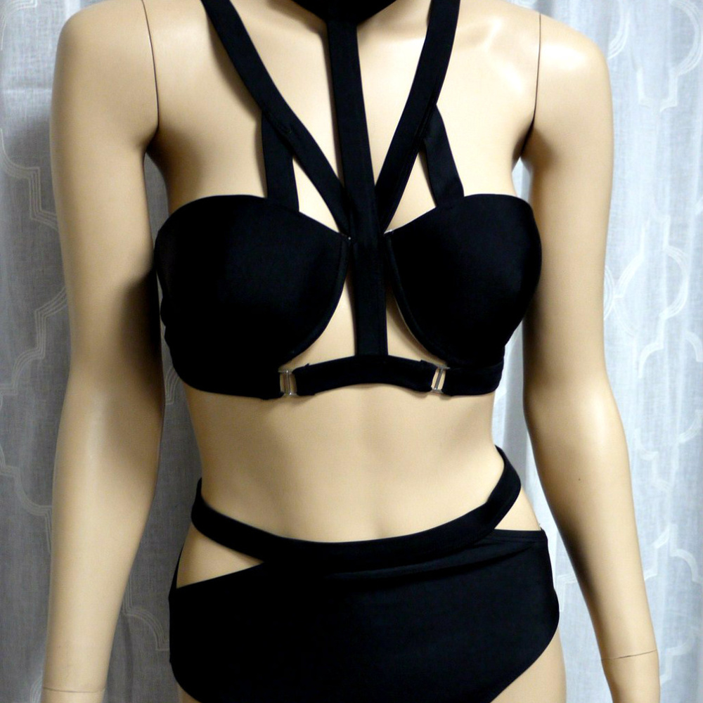 Black Bondage Bikini Monokini Swimsuit High Waist