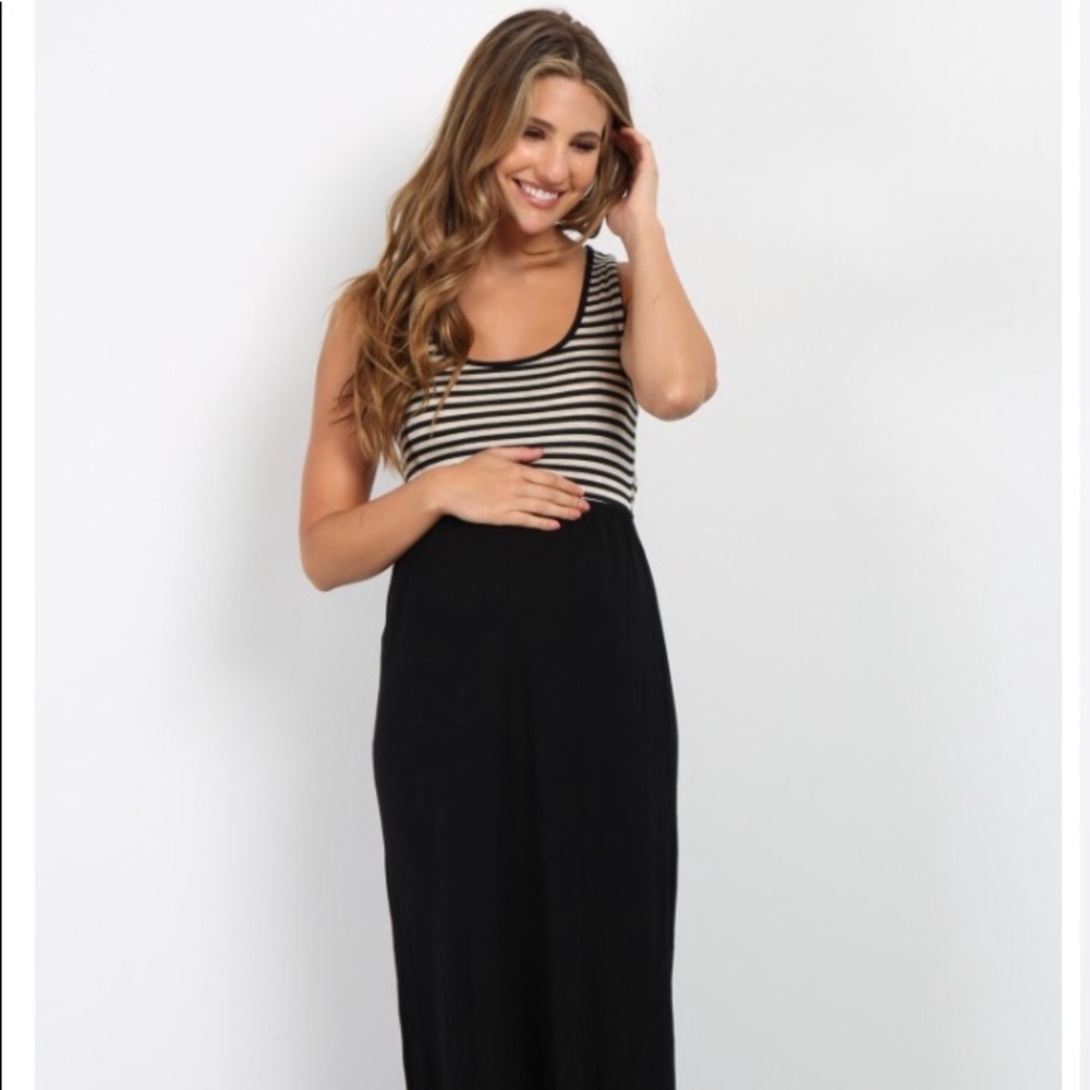 Beige Black Striped Top Maternity Maxi Dress