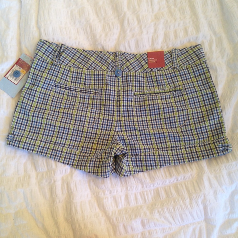Blue & Green Plaid Low Rise Shorts - Picture 2 of 3