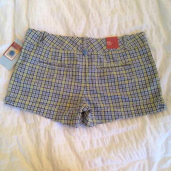 Blue & Green Plaid Low Rise Shorts - Picture 2 of 3