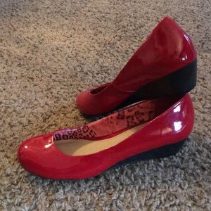 Worn once! Cherry red patent wedges.