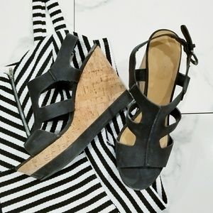 •SALE • Black Strappy Wedges with Cork Heel