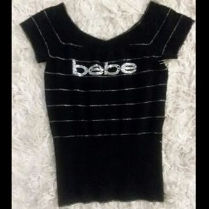 Bebe Rhinestone Logo black sweater rare striped S