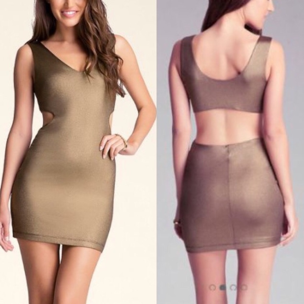 Bebe gold metallic scoop cutout dress