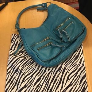 Linea Pelle Blue Leather Front Pocket Shoulder Bag