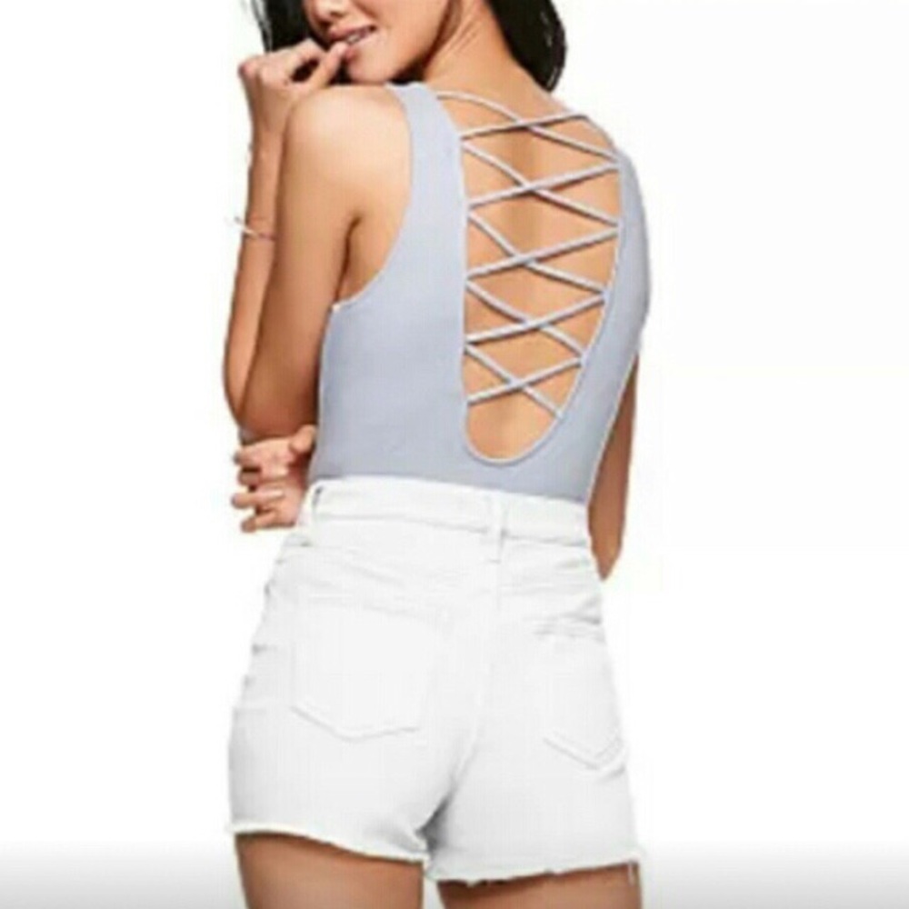 🌸 VS PINK Lace Up Open Back Lilac Bodysuit