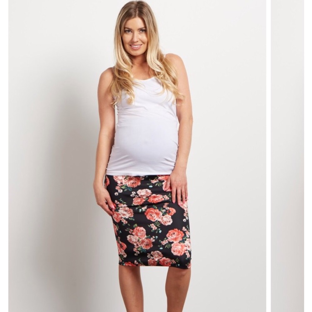 Black Floral Maternity Pencil Skirt
