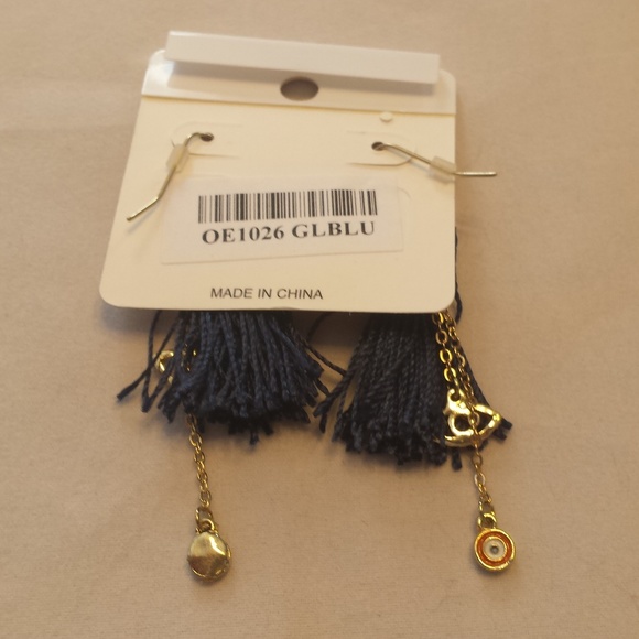 Blue Tassel Earrings with Chain Dangles - Picture 3 of 4