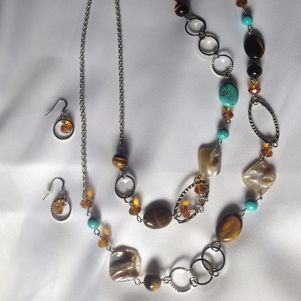 Tiered Turquoise/Brown necklace and earring set