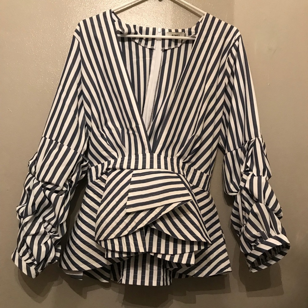 Striped ruffle sleeve blue blouse