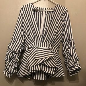 Striped ruffle sleeve blue blouse