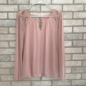 Pink long sleeve blouse with lace shoulder detail