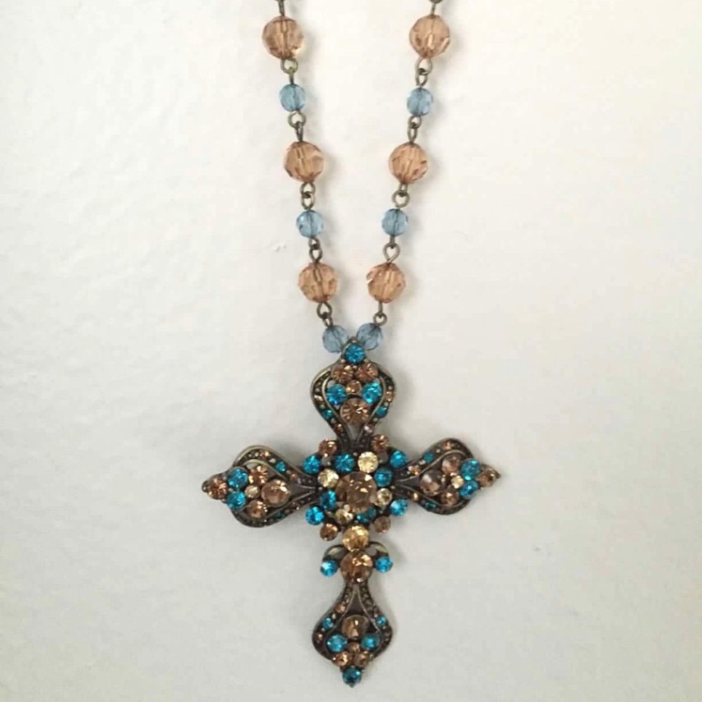 7071 Aqua and Brown Beaded Cross Necklace