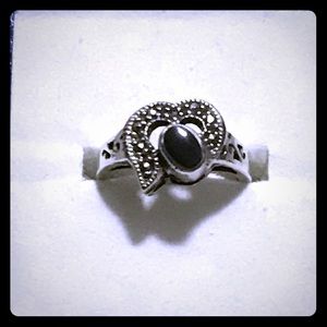 Vintage black onyx marcasite silver ring