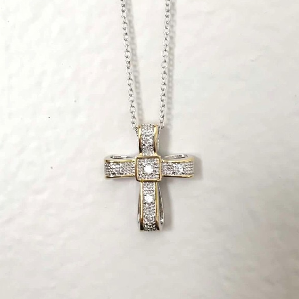 7089 CZ Two Tone Cross Necklace
