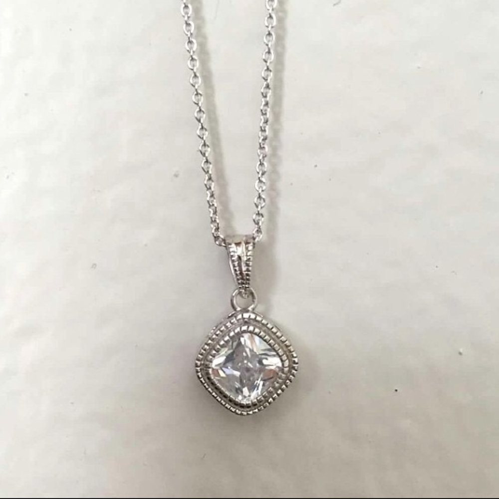 7094 Silver Tone Dainty CZ Diamond Square Necklace