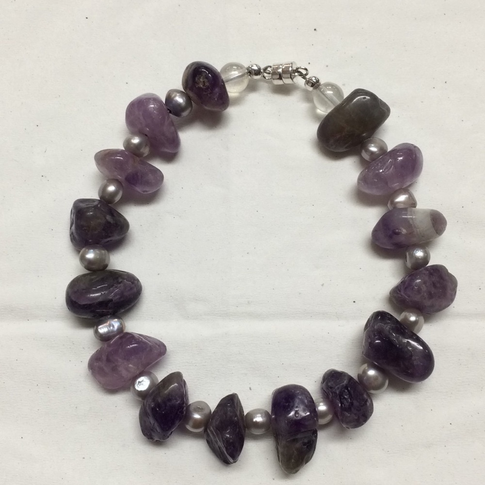 Amethyst Stone and Gray Beaded Bracelet