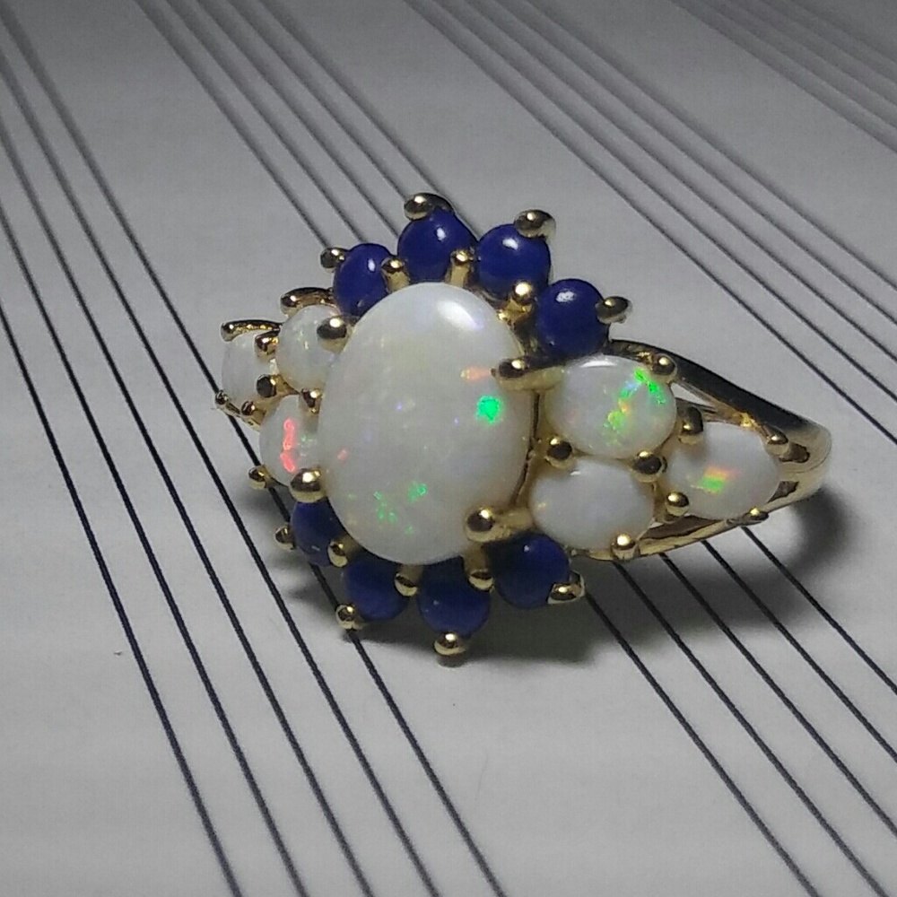 14K yellow gold, opal, lapis ring Thai - Picture 2 of 8