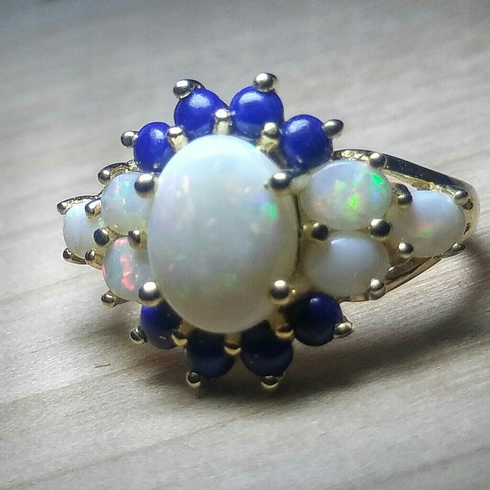 14K yellow gold, opal, lapis ring Thai - Picture 7 of 8