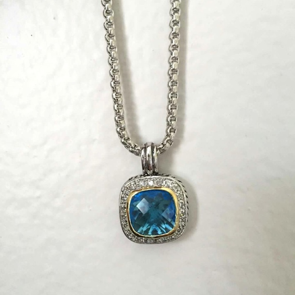 7104 Two Tone Aqua Tone CZ Square Necklace