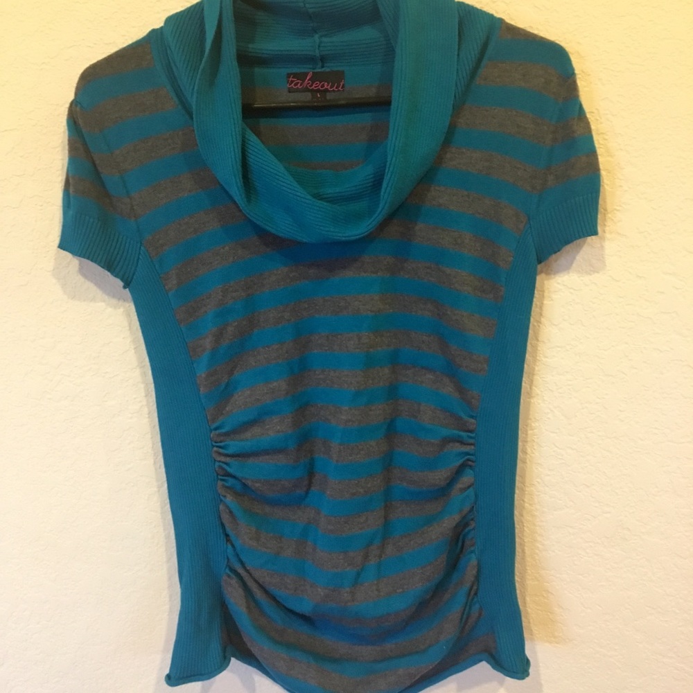 Turquoise and charcoal cowl neck sweater