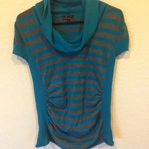 Turquoise and charcoal cowl neck sweater