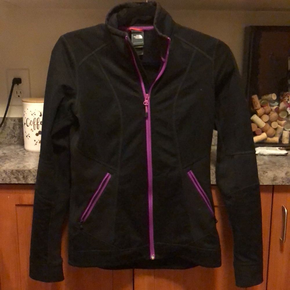 Black north face zip up with purple trim, size S